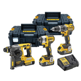 DCK368P3T-GB Brushless 18v XR 3-Piece Cordless Kit Including DCD796 Combi Drill, DCF887 Impact Driver and DCH273 SDS+ Plus Hammer with 3x 5.0Ah Batteries, DCB115 Multi-Voltage Charger in 2 TSTAK II Cases.